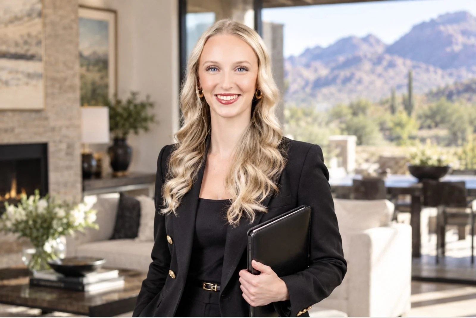 Tatum Spencer of Oliver Realty holding a portfolio in a Tucson home